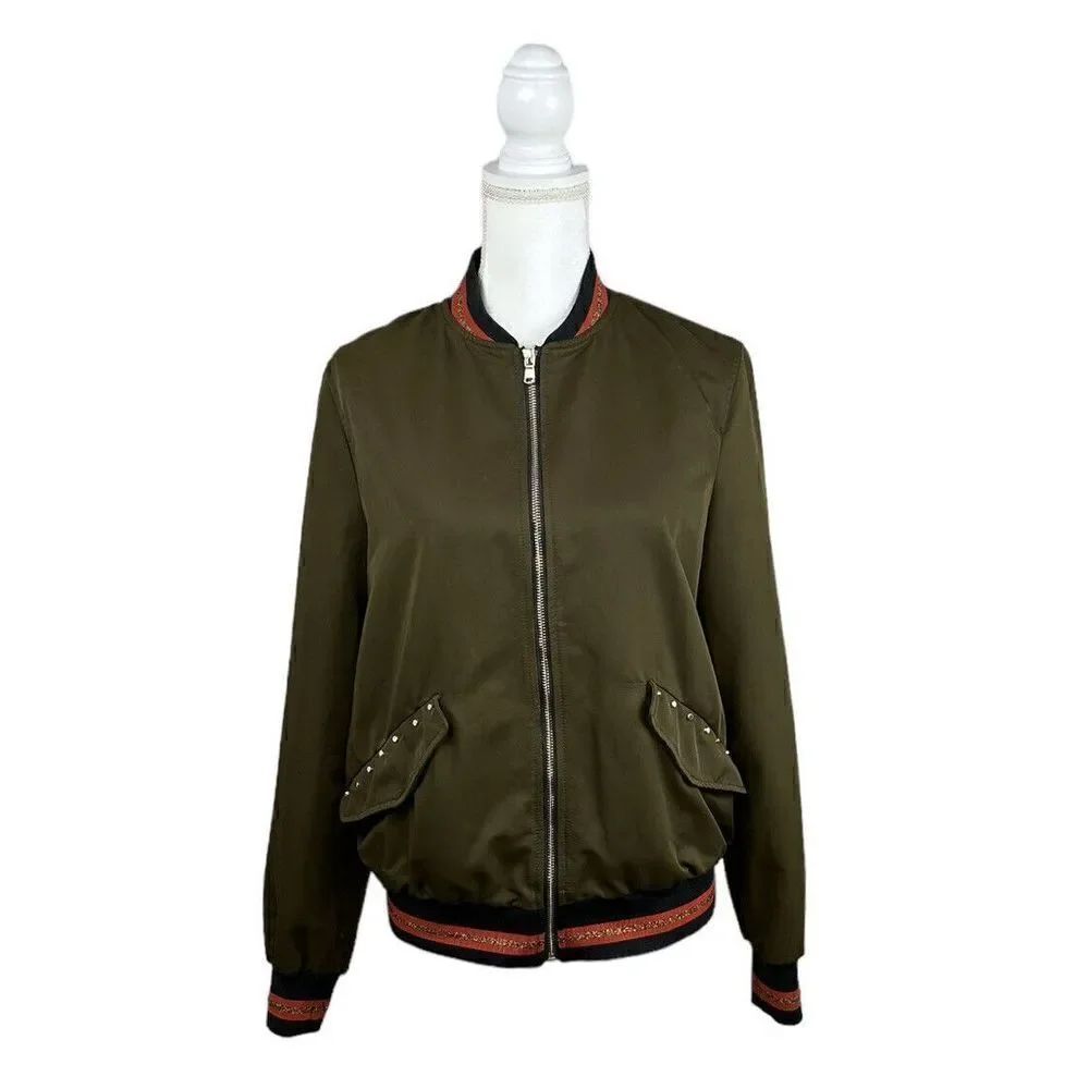 ZARA Trafaluc Outerwear Olive Green Studded Bomber Jacket Coat Size Medium